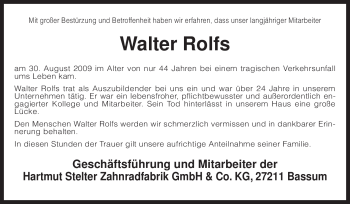 Traueranzeige von Walter Rolfs von KREISZEITUNG SYKE