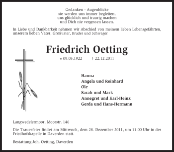 Traueranzeige von Friedrich Oetting von KREISZEITUNG SYKE