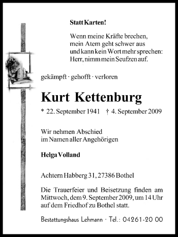 Traueranzeige von Kurt Kettenburg von KREISZEITUNG SYKE