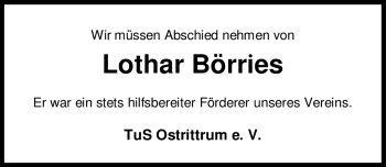 Traueranzeige von Lothar Börries von KREISZEITUNG SYKE