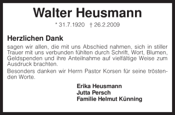 Traueranzeige von Walter Heusmann von KREISZEITUNG SYKE