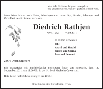 Traueranzeige von Diedrich Rathjen von KREISZEITUNG SYKE