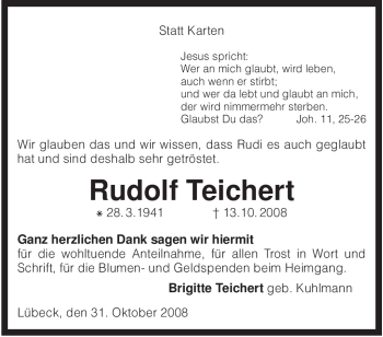 Traueranzeige von Rudolf Teichert von KREISZEITUNG SYKE