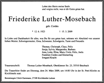 Traueranzeige von Friederike Luther-Mosebach von KREISZEITUNG SYKE