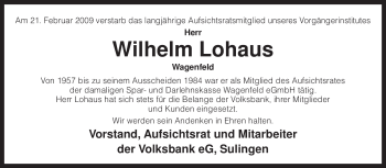 Traueranzeige von Wilhelm Lohaus von KREISZEITUNG SYKE