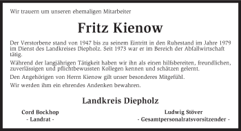 Traueranzeige von Fritz Kienow von KRZ