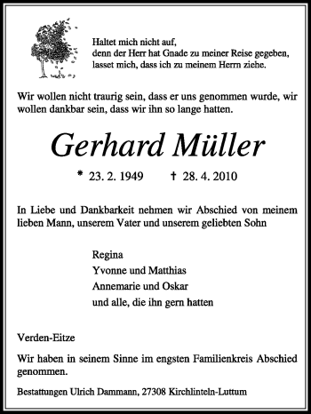 Traueranzeige von Gerhard Müller von KREISZEITUNG SYKE