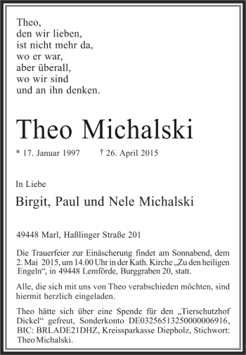 Traueranzeige von Theo Michalski von KRZ