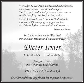 Traueranzeige von Dieter Irmer von KREISZEITUNG SYKE