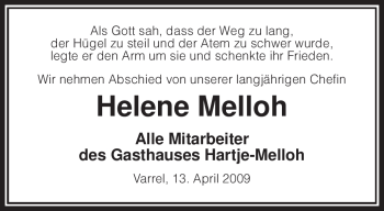 Traueranzeige von Helene Melloh von KREISZEITUNG SYKE