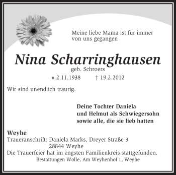 Traueranzeige von Nina Scharringhausen von KREISZEITUNG SYKE