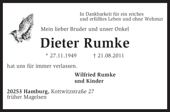 Traueranzeige von Dieter Rumke von KREISZEITUNG SYKE