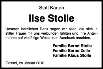 Traueranzeige von Ilse Stolle von KREISZEITUNG SYKE