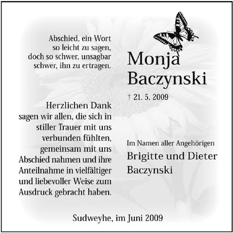  Traueranzeige für Monja Baczynski vom 13.06.2009 aus KREISZEITUNG SYKE