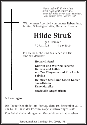 Traueranzeige von Hilde Struß von KREISZEITUNG SYKE