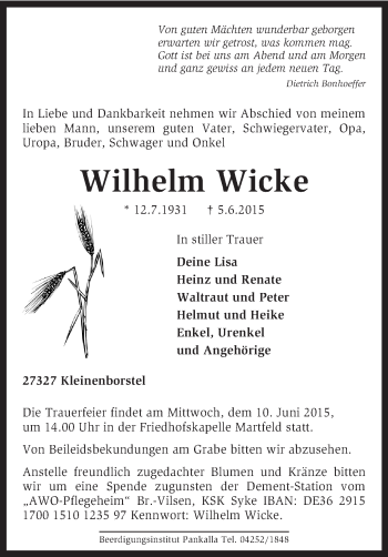 Traueranzeige von Wilhelm Wicke von KRZ