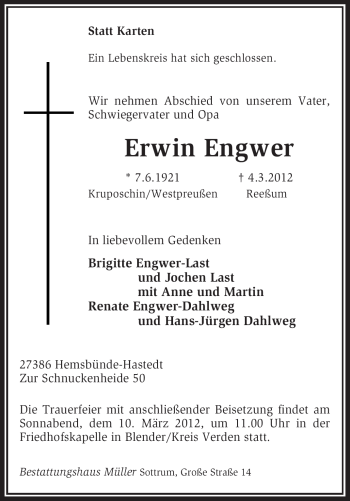 Traueranzeige von Erwin Engwer von KREISZEITUNG SYKE