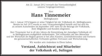 Traueranzeige von Hans Tinnemeier von KREISZEITUNG SYKE