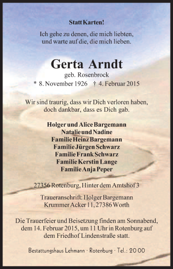 Traueranzeige von Gerta Arndt von KRZ