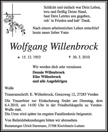 Traueranzeige von Wolfgang Willenbrock von KREISZEITUNG SYKE