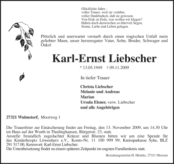 Traueranzeige von Karl-Ernst Liebscher von KREISZEITUNG SYKE