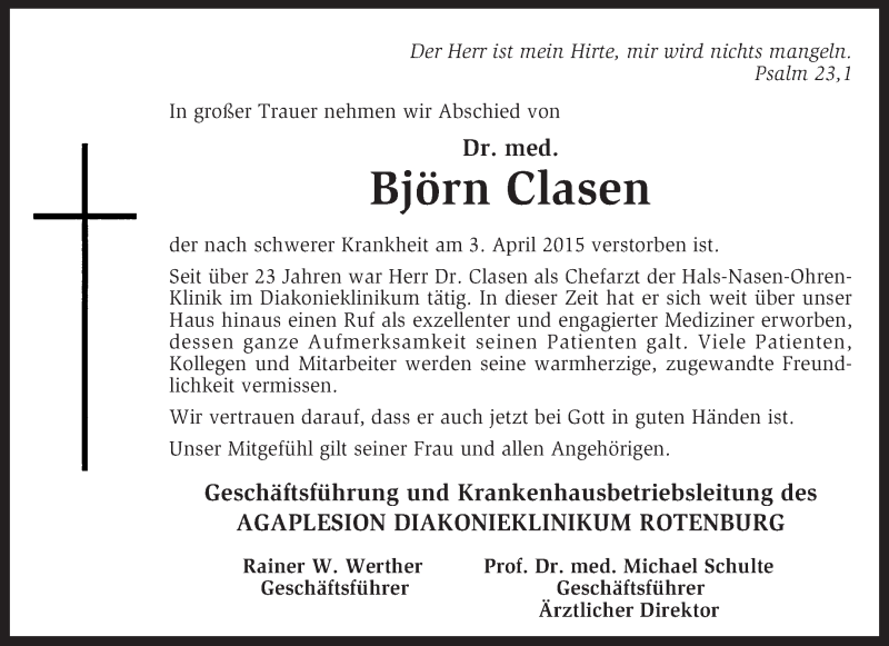  Traueranzeige für Björn Clasen vom 10.04.2015 aus KRZ