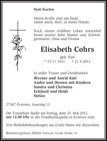 Traueranzeige von Elisabeth Cohrs von KREISZEITUNG SYKE