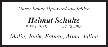 Traueranzeige von Helmut Schulte von KREISZEITUNG SYKE