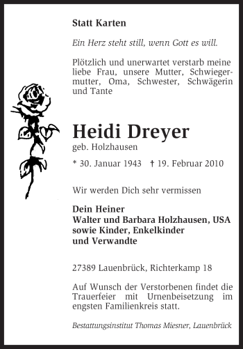 Traueranzeige von Heidi Dreyer von KREISZEITUNG SYKE