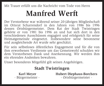 Traueranzeige von Manfred Werft von KREISZEITUNG SYKE