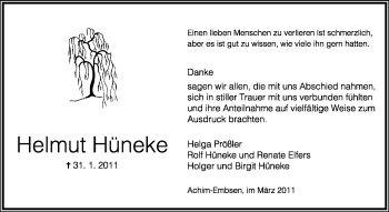 Traueranzeige von Helmut Hüneke von KREISZEITUNG SYKE