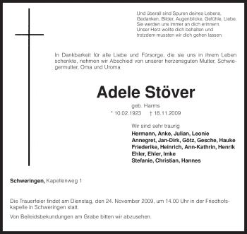 Traueranzeige von Adele Stöver von KREISZEITUNG SYKE