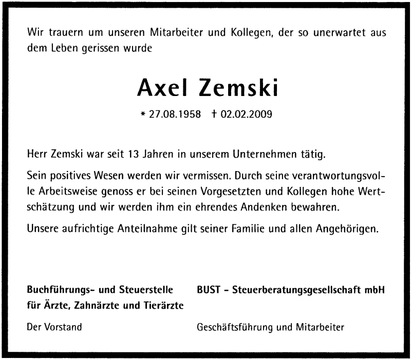  Traueranzeige für Axel Zemski vom 06.02.2009 aus KREISZEITUNG SYKE