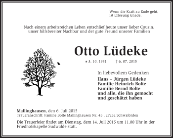 Traueranzeige von Otto Lüdeke von KRZ