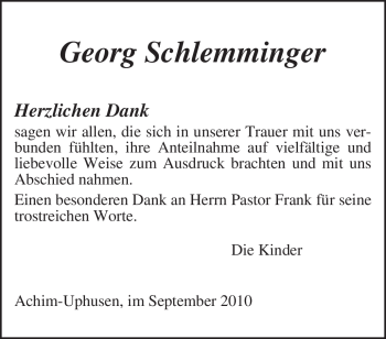 Traueranzeige von Georg Schlemminger von KREISZEITUNG SYKE