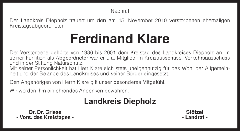  Traueranzeige für Ferdinand Klare vom 18.11.2010 aus KREISZEITUNG SYKE