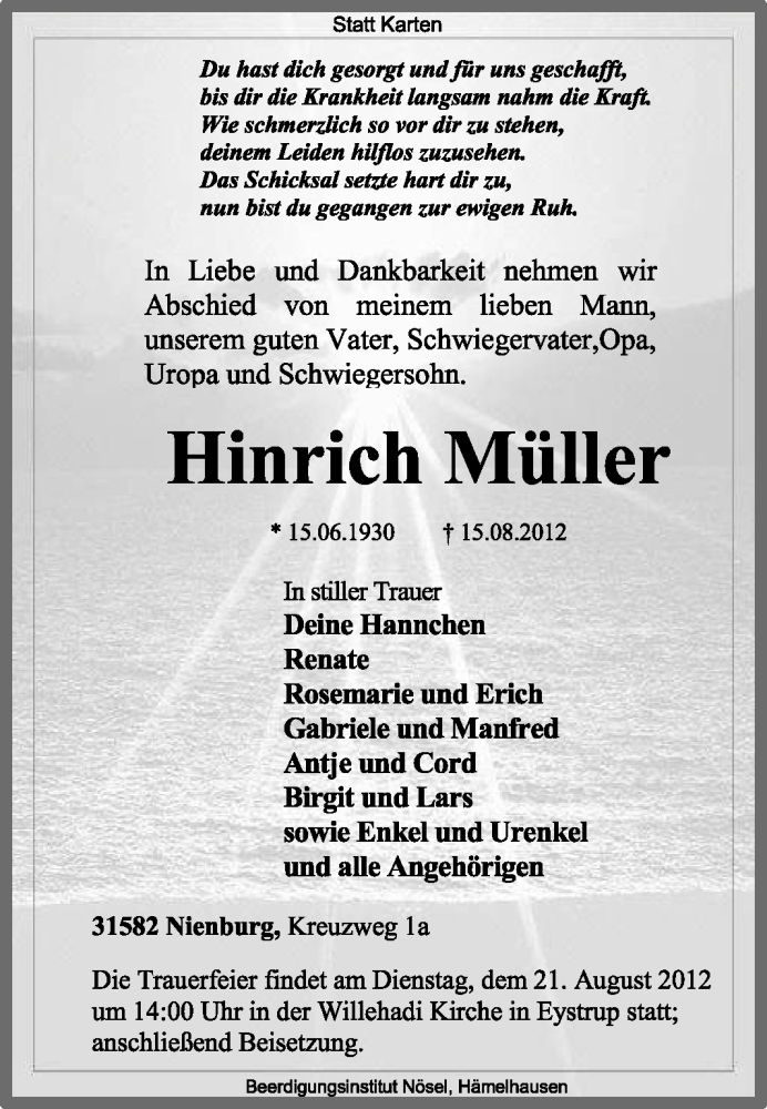  Traueranzeige für Hinrich Müller vom 17.08.2012 aus KREISZEITUNG SYKE