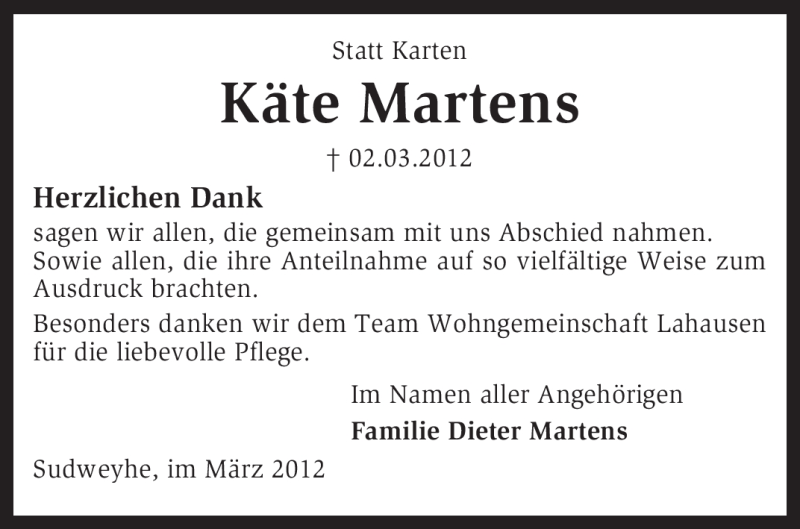  Traueranzeige für Käte Martens vom 31.03.2012 aus KREISZEITUNG SYKE