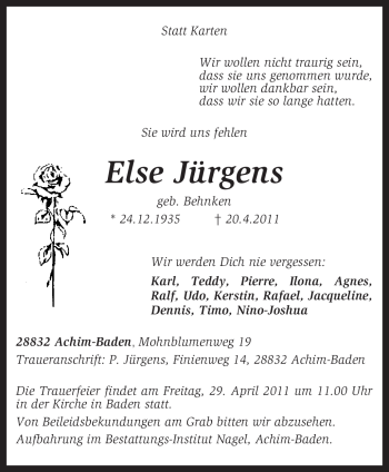 Traueranzeige von Else Jürgens von KREISZEITUNG SYKE