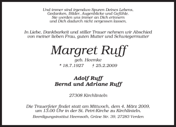 Traueranzeige von Margret Ruff von KREISZEITUNG SYKE
