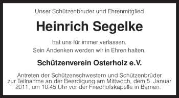 Traueranzeige von Heinrich Segelke von KREISZEITUNG SYKE