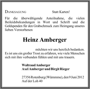 Traueranzeige von Heinz Amberger von KREISZEITUNG SYKE