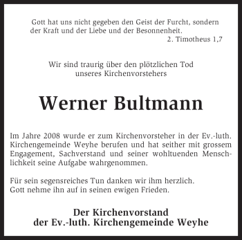 Traueranzeige von Werner Bultmann von KREISZEITUNG SYKE