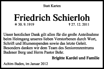 Traueranzeige von Friedrich Schierloh von KREISZEITUNG SYKE