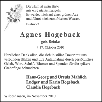 Traueranzeige von Agnes Hogeback von KREISZEITUNG SYKE