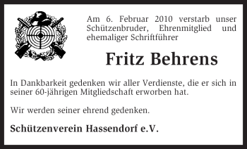 Traueranzeige von Fritz Behrens von KREISZEITUNG SYKE