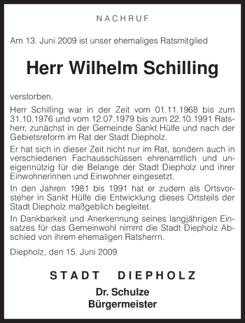 Traueranzeige von Wilhelm Schilling von KREISZEITUNG SYKE