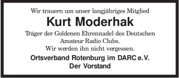 Traueranzeige von Kurt Moderhak von KREISZEITUNG SYKE