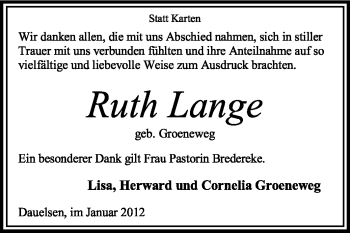 Traueranzeige von Ruth Lange von KREISZEITUNG SYKE