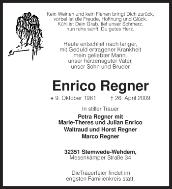 Traueranzeige von Enrico Regner von KREISZEITUNG SYKE